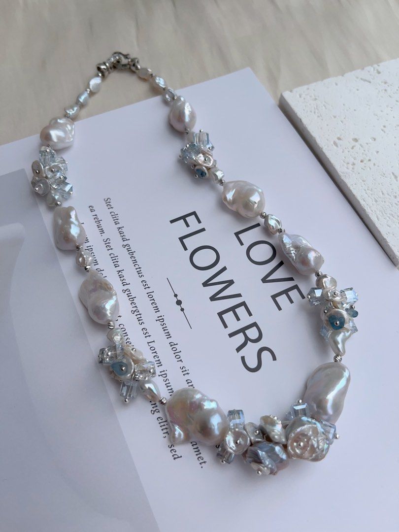 #PN1031 [Floral Series] Freshwater Pearl Necklace | Orchid in the Valley | Blue Lustre Fishtail Baroque Pearl | Aquamarine | Clear & Clean| 42cm| Gentle as You Are