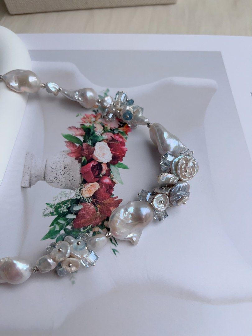 #PN1031 [Floral Series] Freshwater Pearl Necklace | Orchid in the Valley | Blue Lustre Fishtail Baroque Pearl | Aquamarine | Clear & Clean| 42cm| Gentle as You Are