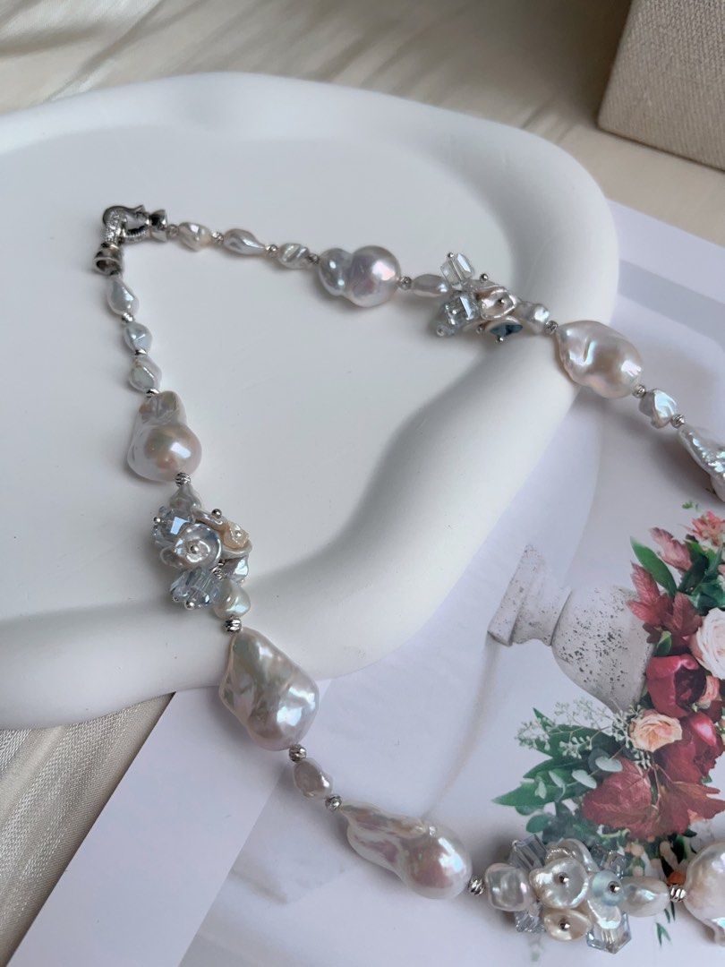 #PN1031 [Floral Series] Freshwater Pearl Necklace | Orchid in the Valley | Blue Lustre Fishtail Baroque Pearl | Aquamarine | Clear & Clean| 42cm| Gentle as You Are