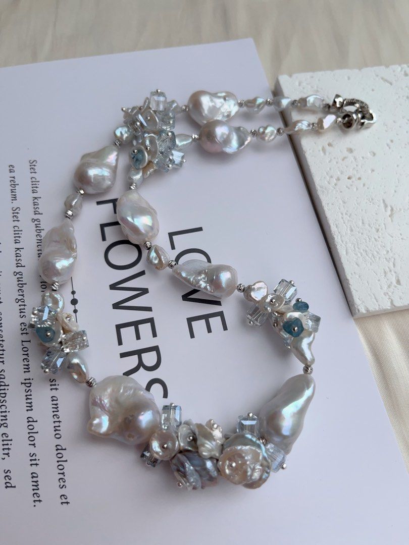 #PN1031 [Floral Series] Freshwater Pearl Necklace | Orchid in the Valley | Blue Lustre Fishtail Baroque Pearl | Aquamarine | Clear & Clean| 42cm| Gentle as You Are