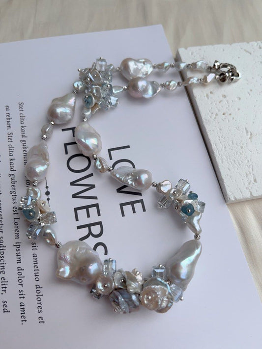 #PN1031 [Floral Series] Freshwater Pearl Necklace | Orchid in the Valley | Blue Lustre Fishtail Baroque Pearl | Aquamarine | Clear & Clean| 42cm| Gentle as You Are