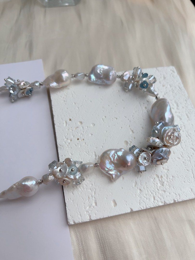 #PN1031 [Floral Series] Freshwater Pearl Necklace | Orchid in the Valley | Blue Lustre Fishtail Baroque Pearl | Aquamarine | Clear & Clean| 42cm| Gentle as You Are