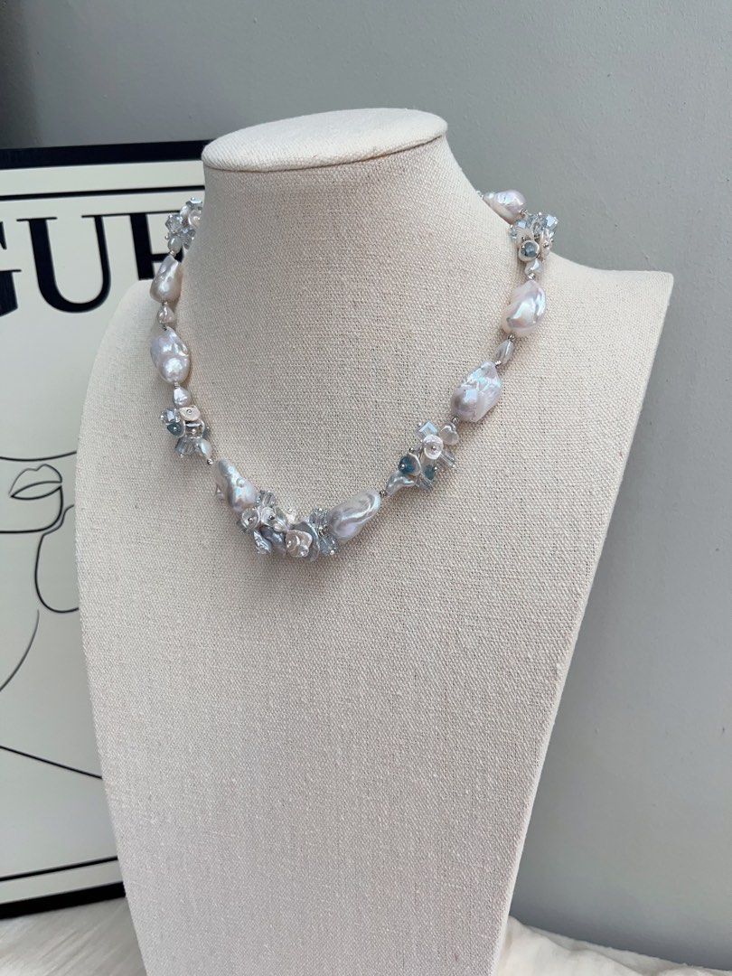#PN1031 [Floral Series] Freshwater Pearl Necklace | Orchid in the Valley | Blue Lustre Fishtail Baroque Pearl | Aquamarine | Clear & Clean| 42cm| Gentle as You Are