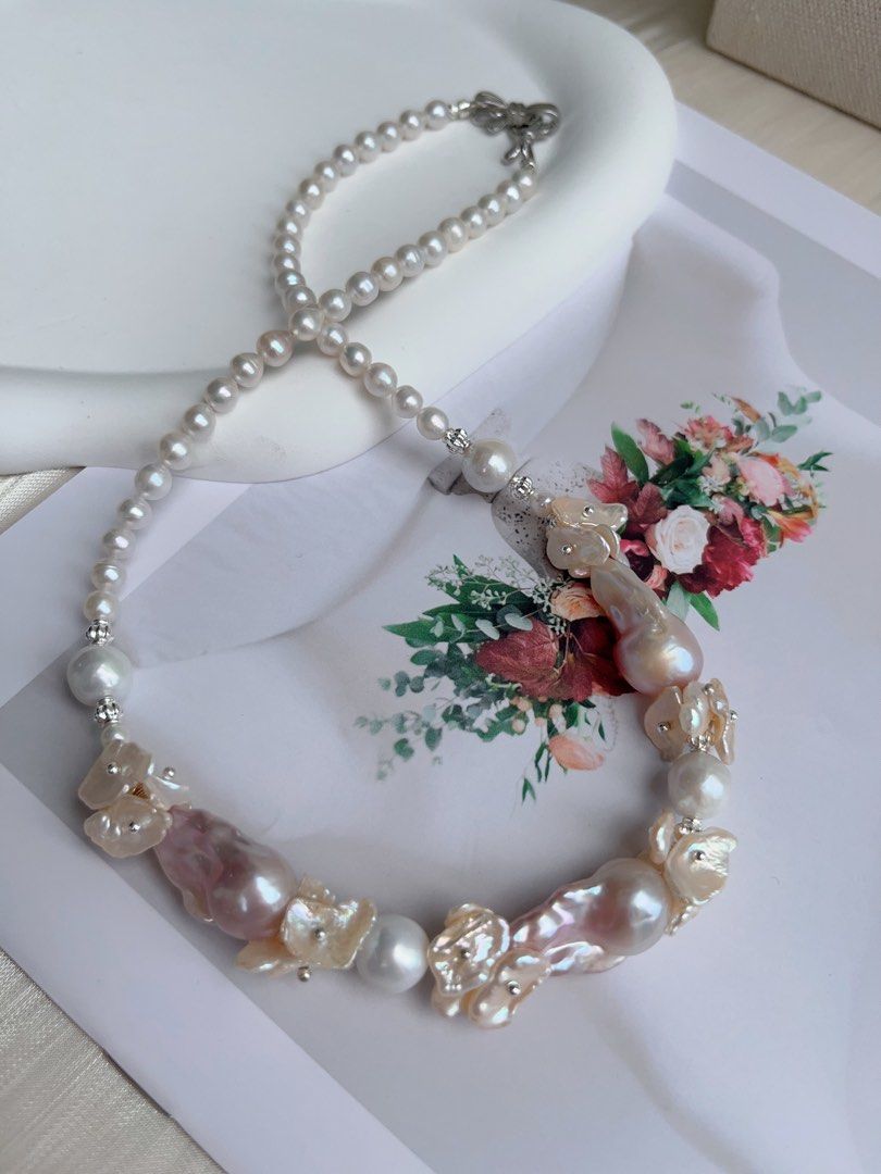 #PN1032 [Floral Series] Freshwater Pearl Necklace | Classic Design | Goddess Light Pink Purple | Fishtail Baroque | Champagne Petals| 42cm| For Your Big Days