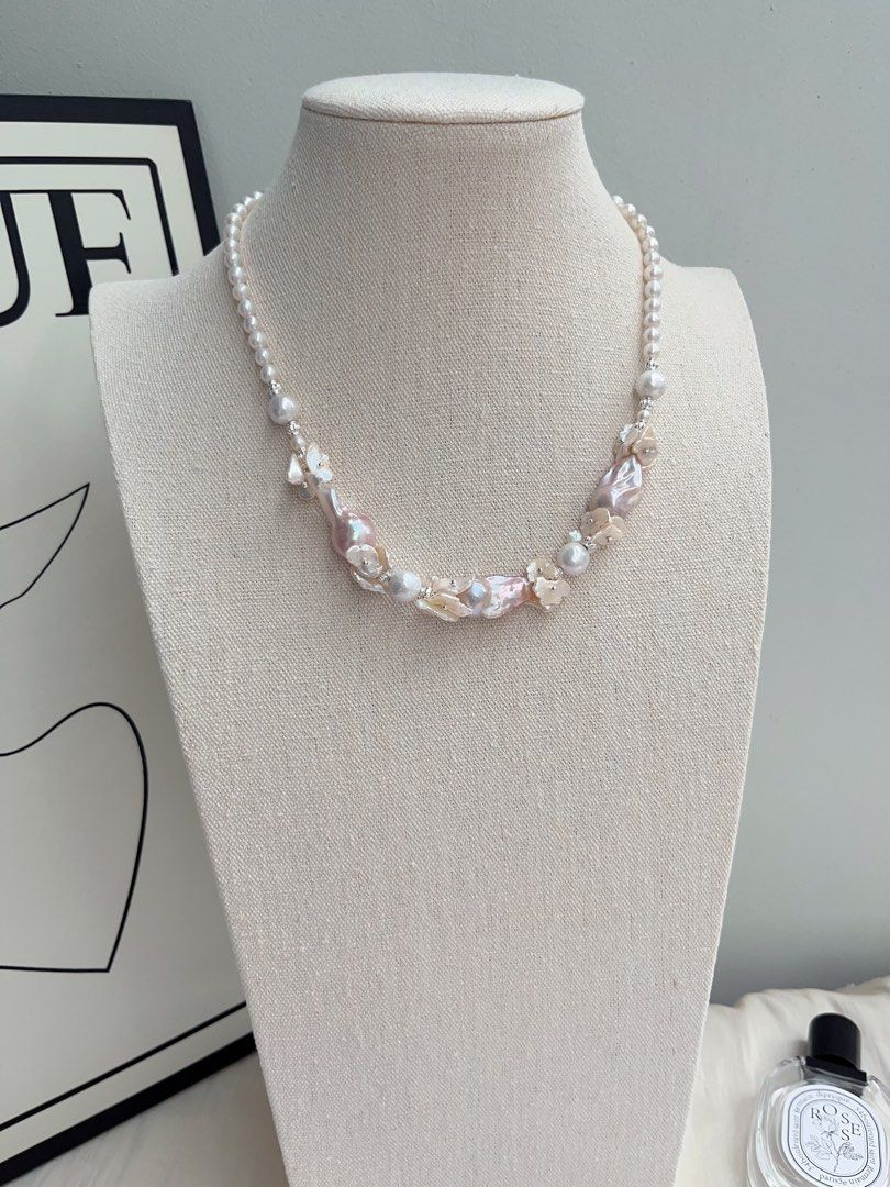 #PN1032 [Floral Series] Freshwater Pearl Necklace | Classic Design | Goddess Light Pink Purple | Fishtail Baroque | Champagne Petals| 42cm| For Your Big Days