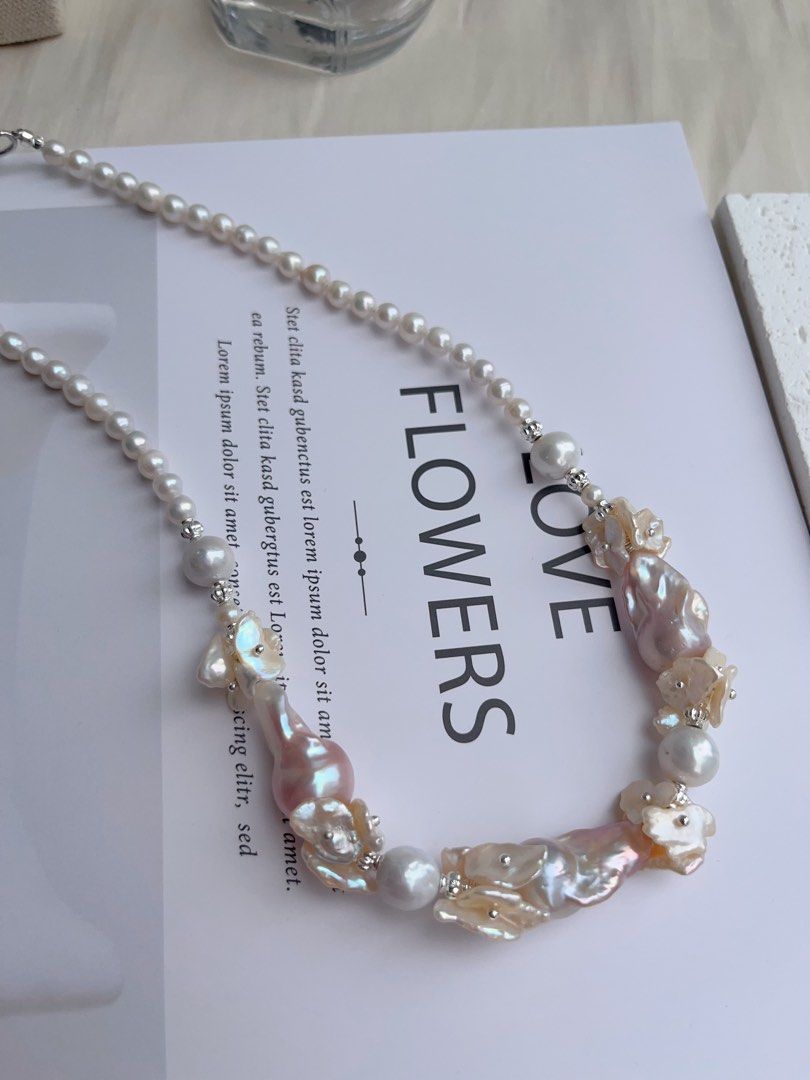 #PN1032 [Floral Series] Freshwater Pearl Necklace | Classic Design | Goddess Light Pink Purple | Fishtail Baroque | Champagne Petals| 42cm| For Your Big Days