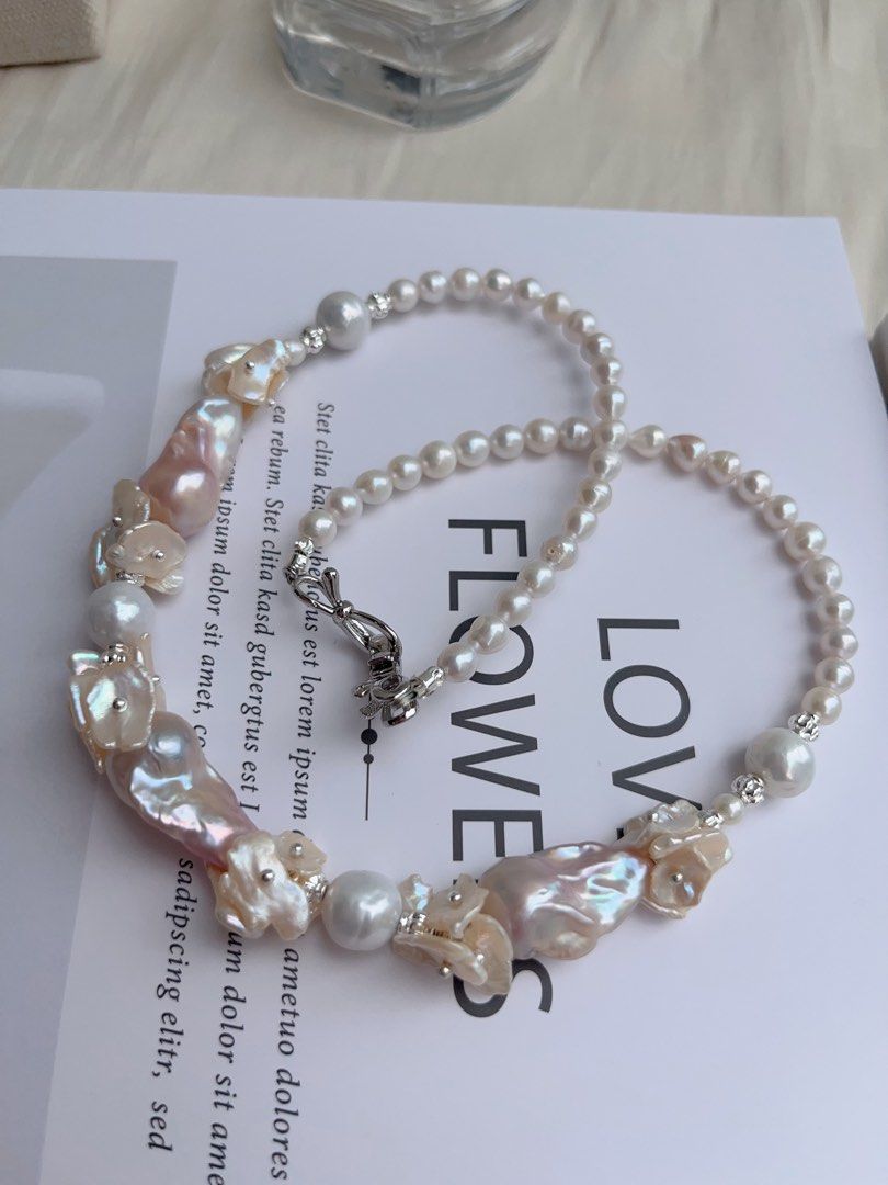 #PN1032 [Floral Series] Freshwater Pearl Necklace | Classic Design | Goddess Light Pink Purple | Fishtail Baroque | Champagne Petals| 42cm| For Your Big Days