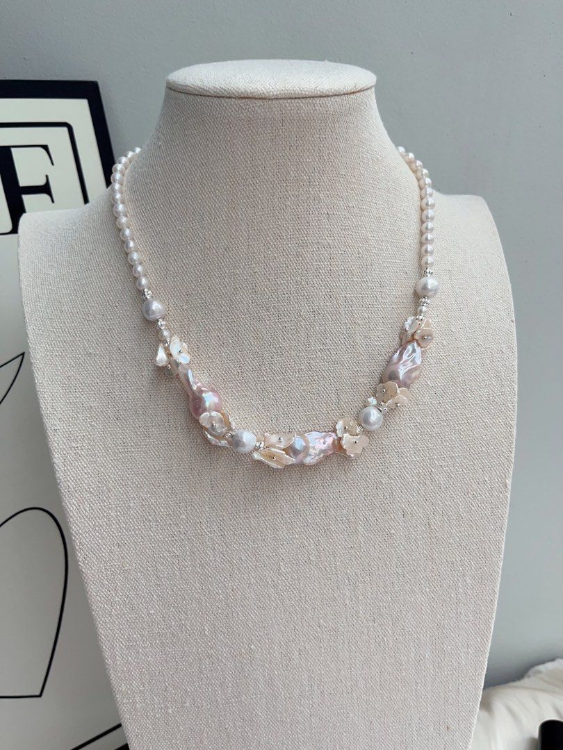 #PN1032 [Floral Series] Freshwater Pearl Necklace | Classic Design | Goddess Light Pink Purple | Fishtail Baroque | Champagne Petals| 42cm| For Your Big Days