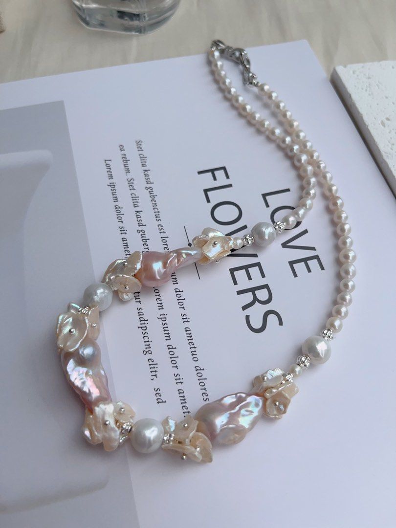 #PN1032 [Floral Series] Freshwater Pearl Necklace | Classic Design | Goddess Light Pink Purple | Fishtail Baroque | Champagne Petals| 42cm| For Your Big Days