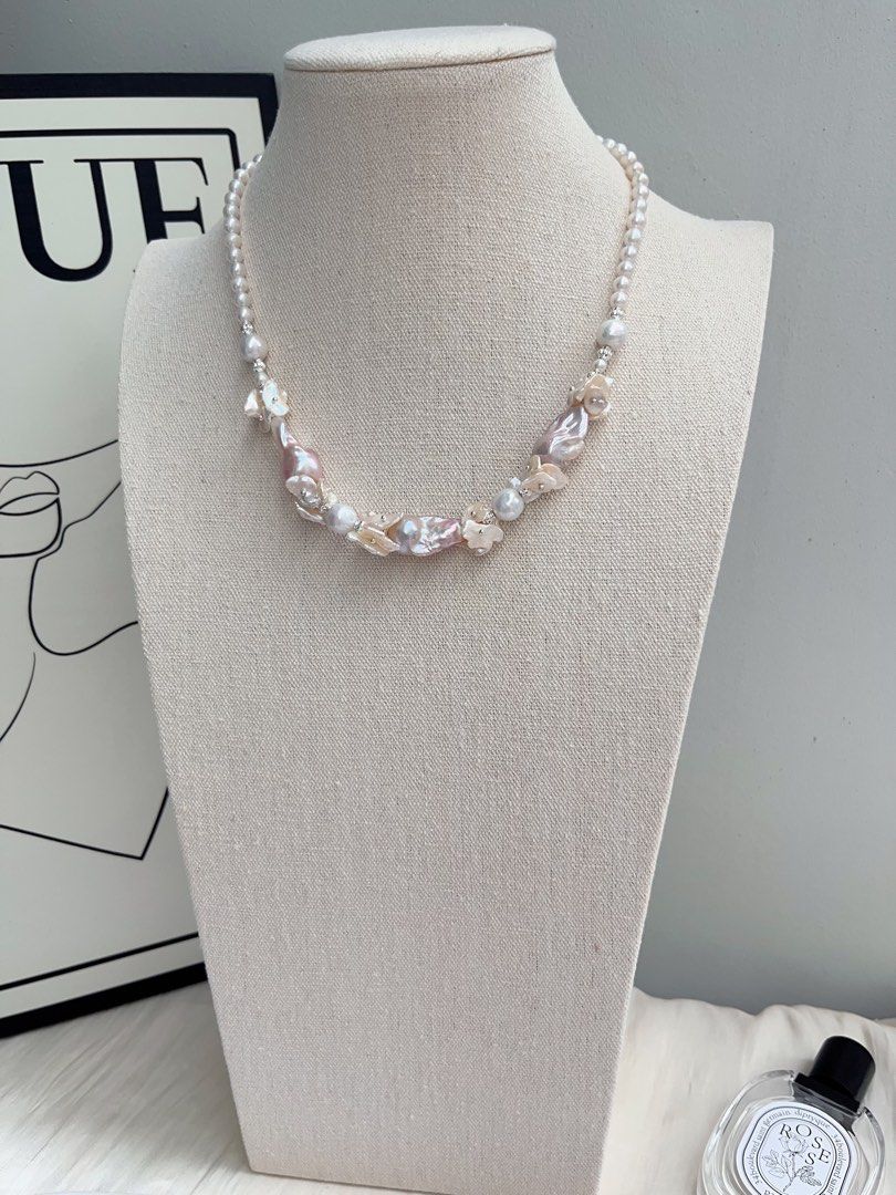 #PN1032 [Floral Series] Freshwater Pearl Necklace | Classic Design | Goddess Light Pink Purple | Fishtail Baroque | Champagne Petals| 42cm| For Your Big Days