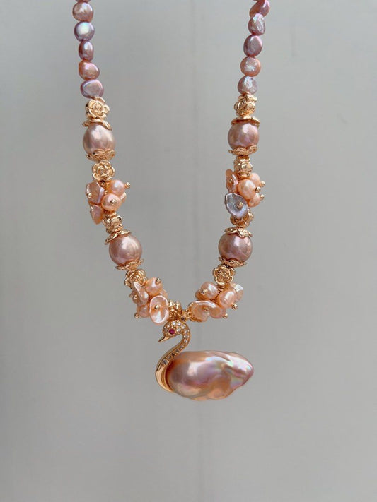 #PN1033 [Floral Series] Freshwater Pearl Necklace | Swan Lake Design | Sunset Orange & Purple Palette | Petals| Metallic Lustre | 44cm| To Match Your 👗 | Wear Elegance