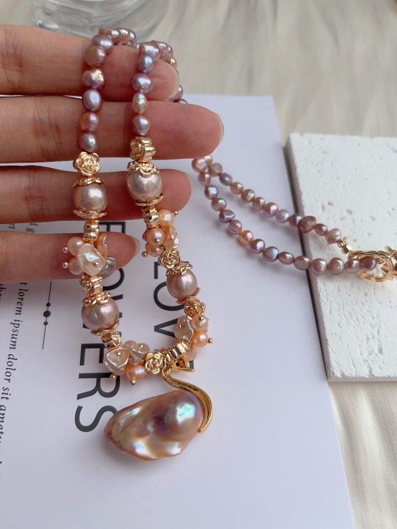 #PN1033 [Floral Series] Freshwater Pearl Necklace | Swan Lake Design | Sunset Orange & Purple Palette | Petals| Metallic Lustre | 44cm| To Match Your 👗 | Wear Elegance