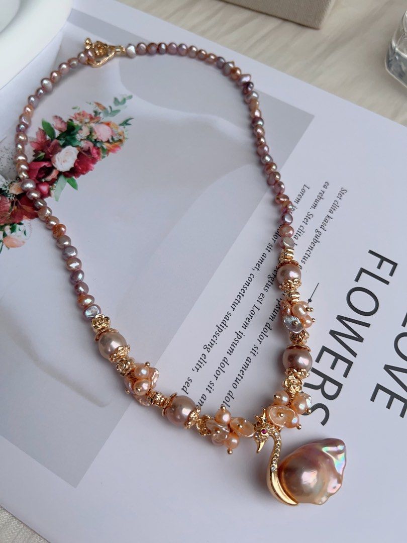#PN1033 [Floral Series] Freshwater Pearl Necklace | Swan Lake Design | Sunset Orange & Purple Palette | Petals| Metallic Lustre | 44cm| To Match Your 👗 | Wear Elegance