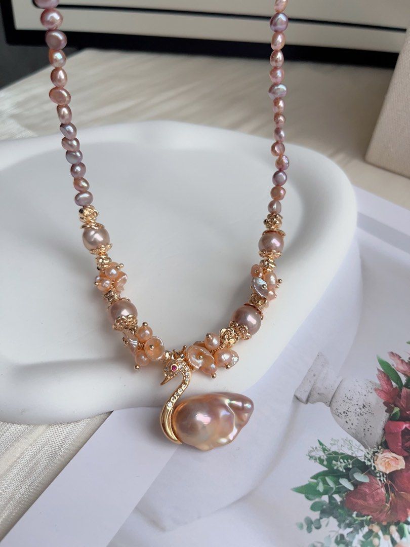 #PN1033 [Floral Series] Freshwater Pearl Necklace | Swan Lake Design | Sunset Orange & Purple Palette | Petals| Metallic Lustre | 44cm| To Match Your 👗 | Wear Elegance
