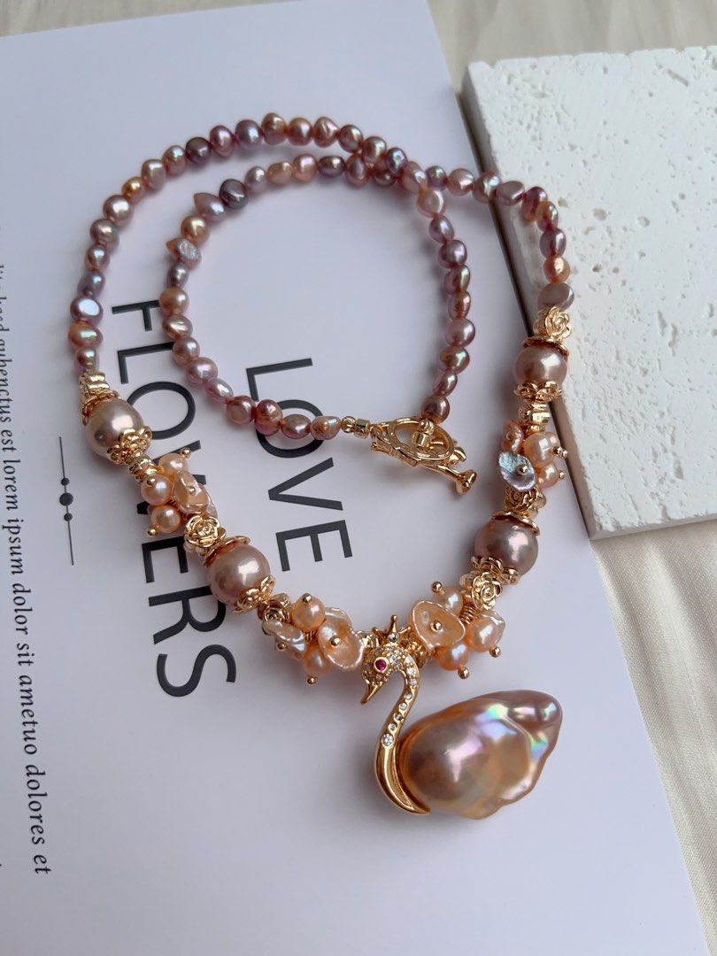 #PN1033 [Floral Series] Freshwater Pearl Necklace | Swan Lake Design | Sunset Orange & Purple Palette | Petals| Metallic Lustre | 44cm| To Match Your 👗 | Wear Elegance