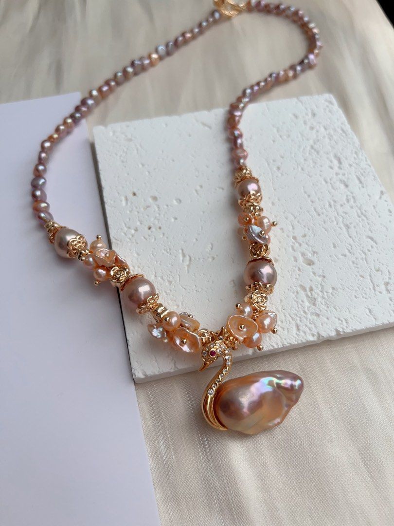 #PN1033 [Floral Series] Freshwater Pearl Necklace | Swan Lake Design | Sunset Orange & Purple Palette | Petals| Metallic Lustre | 44cm| To Match Your 👗 | Wear Elegance