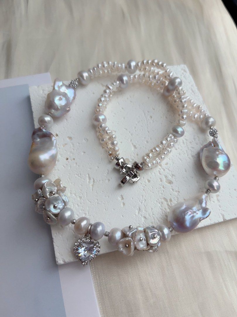 #PN1034 [Floral Series] Freshwater Pearl Necklace | Heart of Blue 🌊 | Natural Flaws| Blue-lustre Petals| Rare Colour Fishtail Baroque | Zircon Pendant | 43cm| 2-layer Design | Sparkling in the Crowd| You Are Different