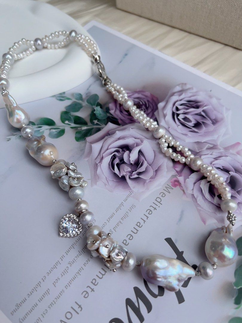 #PN1034 [Floral Series] Freshwater Pearl Necklace | Heart of Blue 🌊 | Natural Flaws| Blue-lustre Petals| Rare Colour Fishtail Baroque | Zircon Pendant | 43cm| 2-layer Design | Sparkling in the Crowd| You Are Different