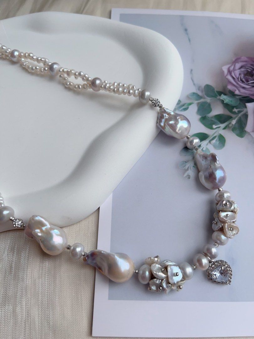 #PN1034 [Floral Series] Freshwater Pearl Necklace | Heart of Blue 🌊 | Natural Flaws| Blue-lustre Petals| Rare Colour Fishtail Baroque | Zircon Pendant | 43cm| 2-layer Design | Sparkling in the Crowd| You Are Different