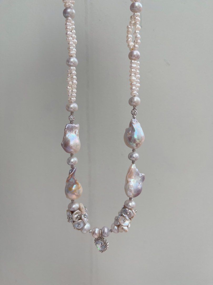 #PN1034 [Floral Series] Freshwater Pearl Necklace | Heart of Blue 🌊 | Natural Flaws| Blue-lustre Petals| Rare Colour Fishtail Baroque | Zircon Pendant | 43cm| 2-layer Design | Sparkling in the Crowd| You Are Different