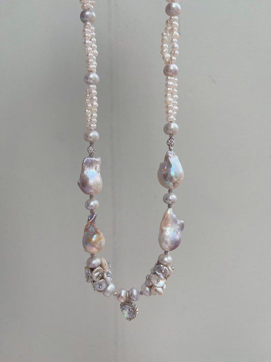 #PN1034 [Floral Series] Freshwater Pearl Necklace | Heart of Blue 🌊 | Natural Flaws| Blue-lustre Petals| Rare Colour Fishtail Baroque | Zircon Pendant | 43cm| 2-layer Design | Sparkling in the Crowd| You Are Different