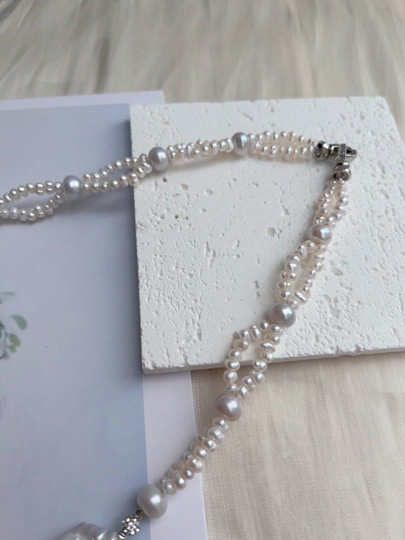 #PN1034 [Floral Series] Freshwater Pearl Necklace | Heart of Blue 🌊 | Natural Flaws| Blue-lustre Petals| Rare Colour Fishtail Baroque | Zircon Pendant | 43cm| 2-layer Design | Sparkling in the Crowd| You Are Different