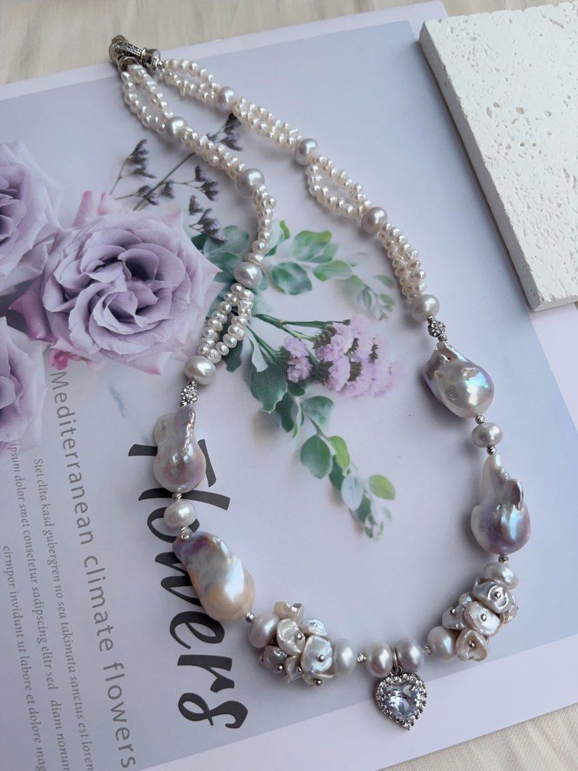 #PN1034 [Floral Series] Freshwater Pearl Necklace | Heart of Blue 🌊 | Natural Flaws| Blue-lustre Petals| Rare Colour Fishtail Baroque | Zircon Pendant | 43cm| 2-layer Design | Sparkling in the Crowd| You Are Different