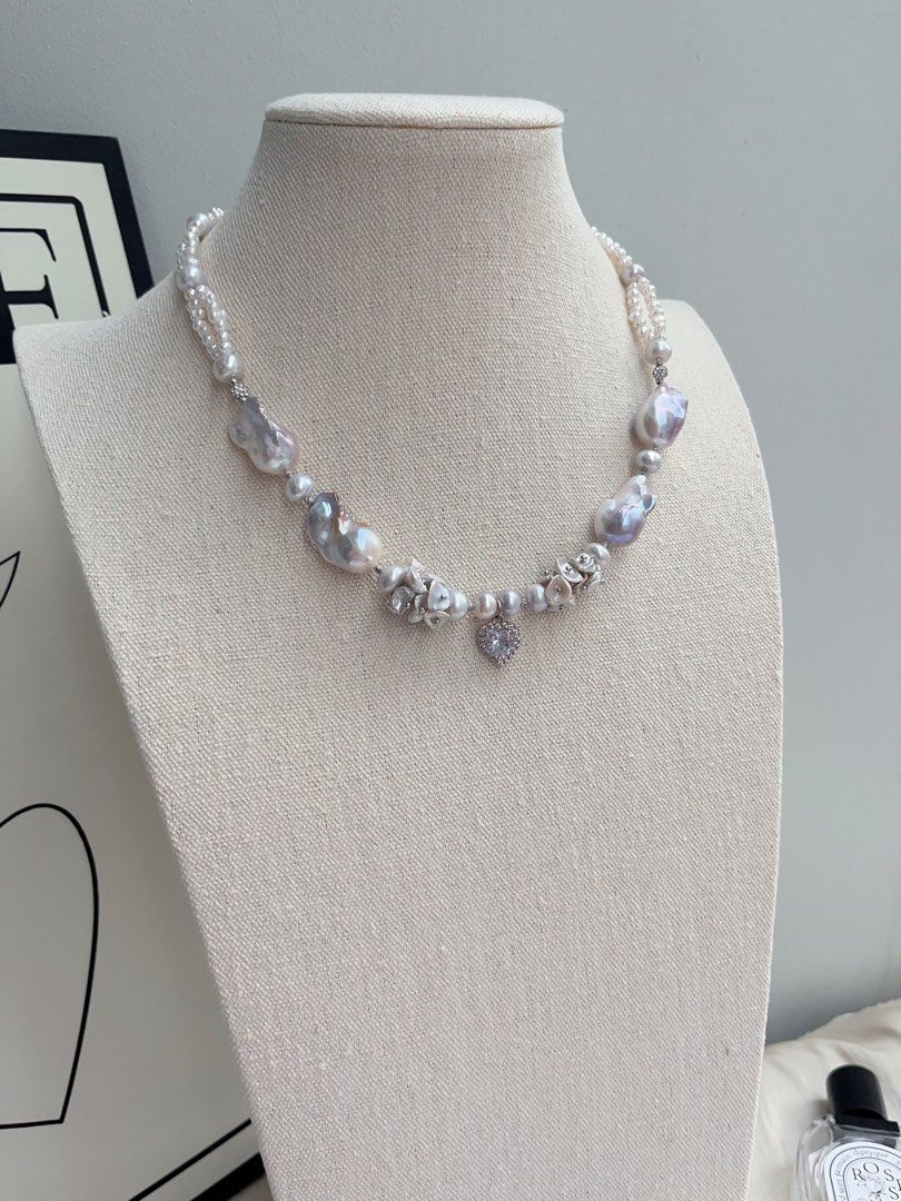 #PN1034 [Floral Series] Freshwater Pearl Necklace | Heart of Blue 🌊 | Natural Flaws| Blue-lustre Petals| Rare Colour Fishtail Baroque | Zircon Pendant | 43cm| 2-layer Design | Sparkling in the Crowd| You Are Different