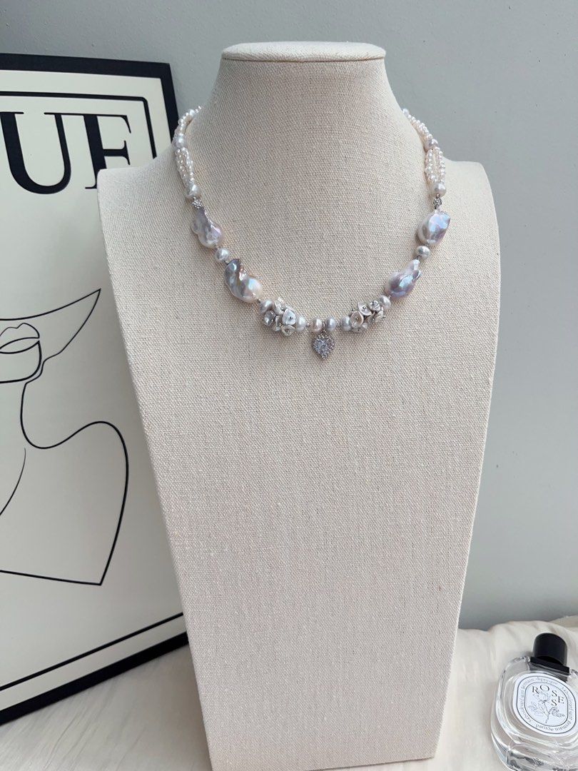 #PN1034 [Floral Series] Freshwater Pearl Necklace | Heart of Blue 🌊 | Natural Flaws| Blue-lustre Petals| Rare Colour Fishtail Baroque | Zircon Pendant | 43cm| 2-layer Design | Sparkling in the Crowd| You Are Different