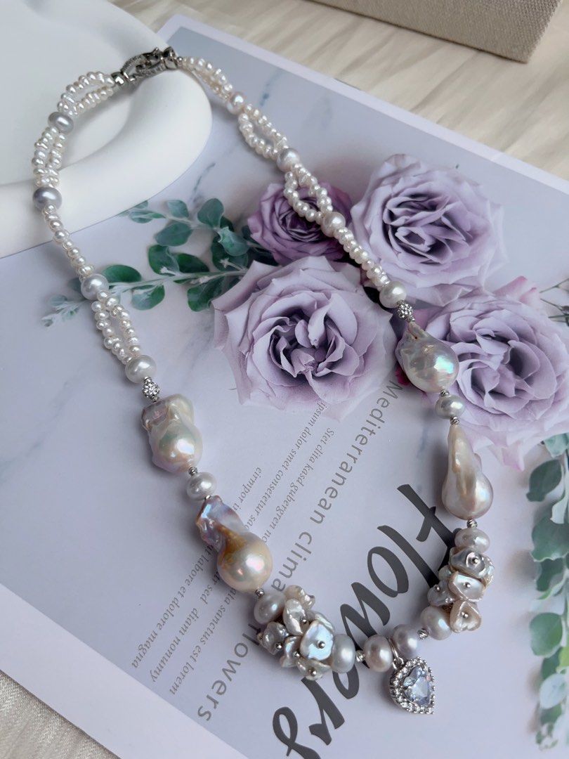 #PN1034 [Floral Series] Freshwater Pearl Necklace | Heart of Blue 🌊 | Natural Flaws| Blue-lustre Petals| Rare Colour Fishtail Baroque | Zircon Pendant | 43cm| 2-layer Design | Sparkling in the Crowd| You Are Different