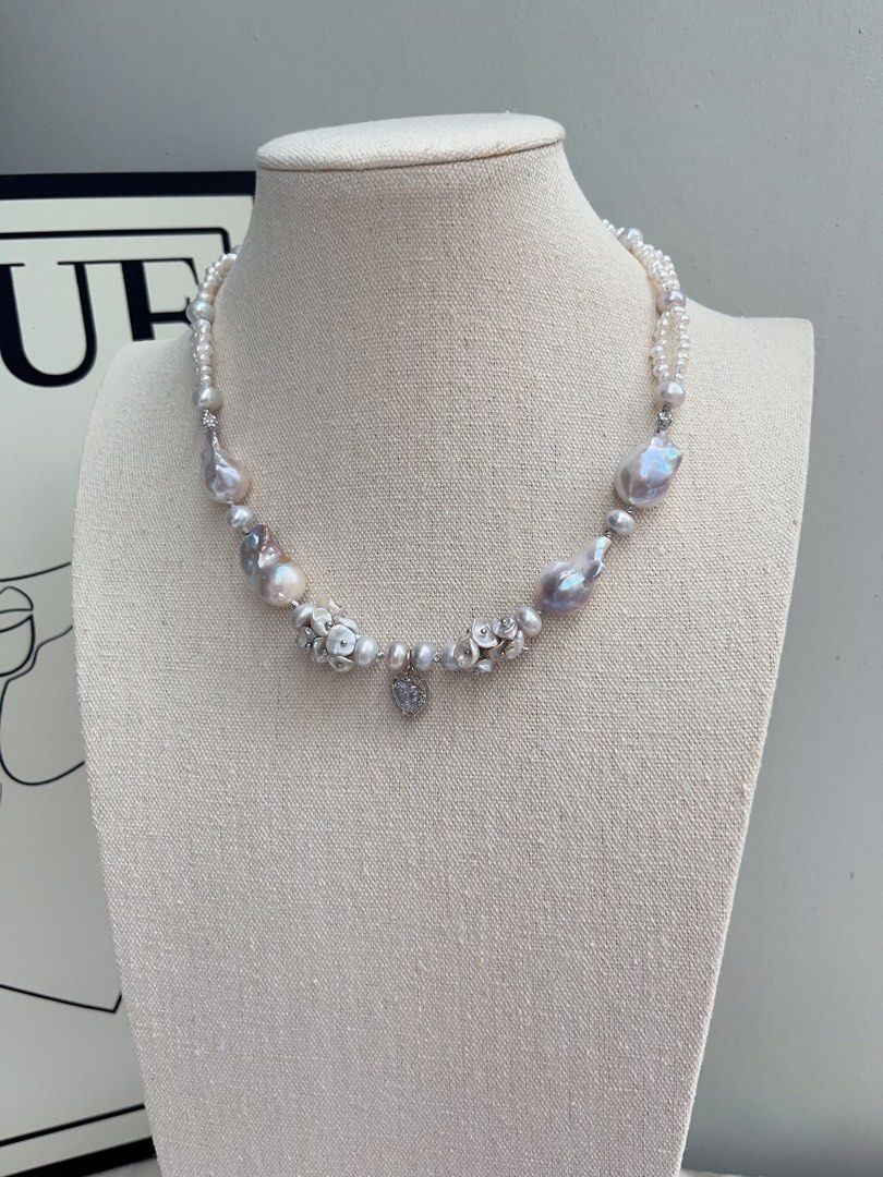 #PN1034 [Floral Series] Freshwater Pearl Necklace | Heart of Blue 🌊 | Natural Flaws| Blue-lustre Petals| Rare Colour Fishtail Baroque | Zircon Pendant | 43cm| 2-layer Design | Sparkling in the Crowd| You Are Different
