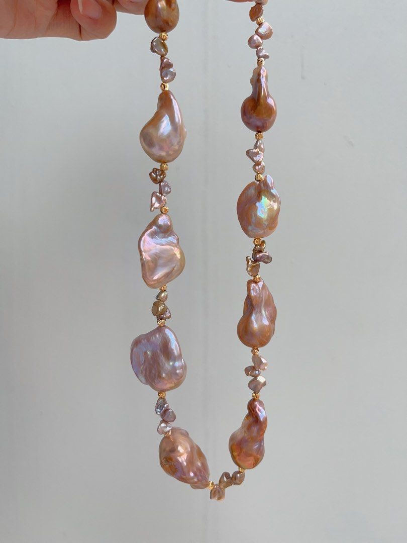 #PN1035 Freshwater Pearl Necklace | Caramel Pudding | Copper Vintage Golden Shade Fishtail Baroque | Thick Layer| Green-ish| 42cm| Flower Clasp| Old Money Style