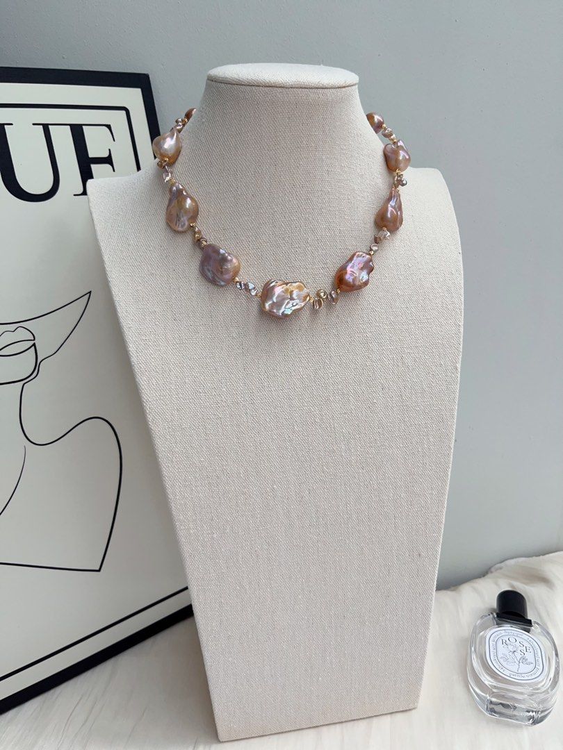 #PN1035 Freshwater Pearl Necklace | Caramel Pudding | Copper Vintage Golden Shade Fishtail Baroque | Thick Layer| Green-ish| 42cm| Flower Clasp| Old Money Style