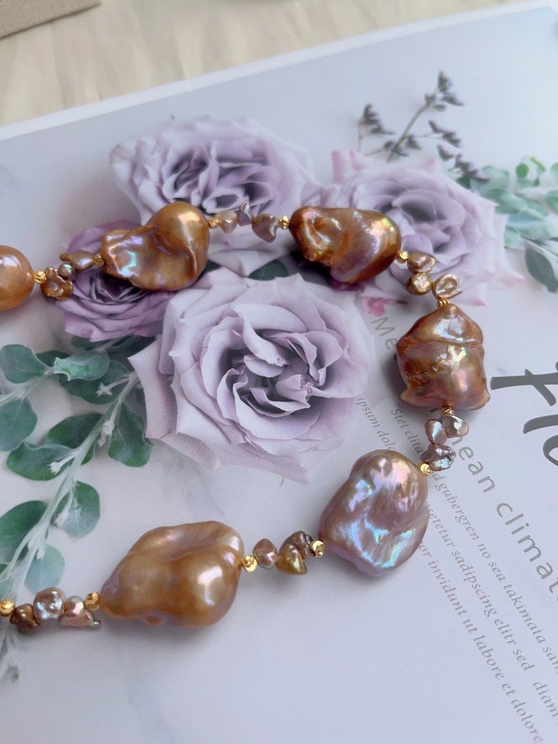 #PN1035 Freshwater Pearl Necklace | Caramel Pudding | Copper Vintage Golden Shade Fishtail Baroque | Thick Layer| Green-ish| 42cm| Flower Clasp| Old Money Style