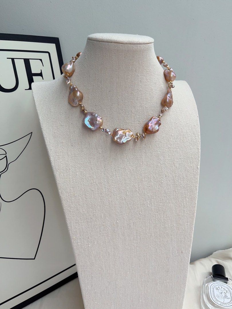 #PN1035 Freshwater Pearl Necklace | Caramel Pudding | Copper Vintage Golden Shade Fishtail Baroque | Thick Layer| Green-ish| 42cm| Flower Clasp| Old Money Style