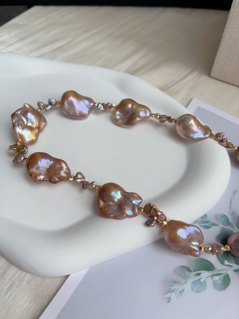 #PN1035 Freshwater Pearl Necklace | Caramel Pudding | Copper Vintage Golden Shade Fishtail Baroque | Thick Layer| Green-ish| 42cm| Flower Clasp| Old Money Style