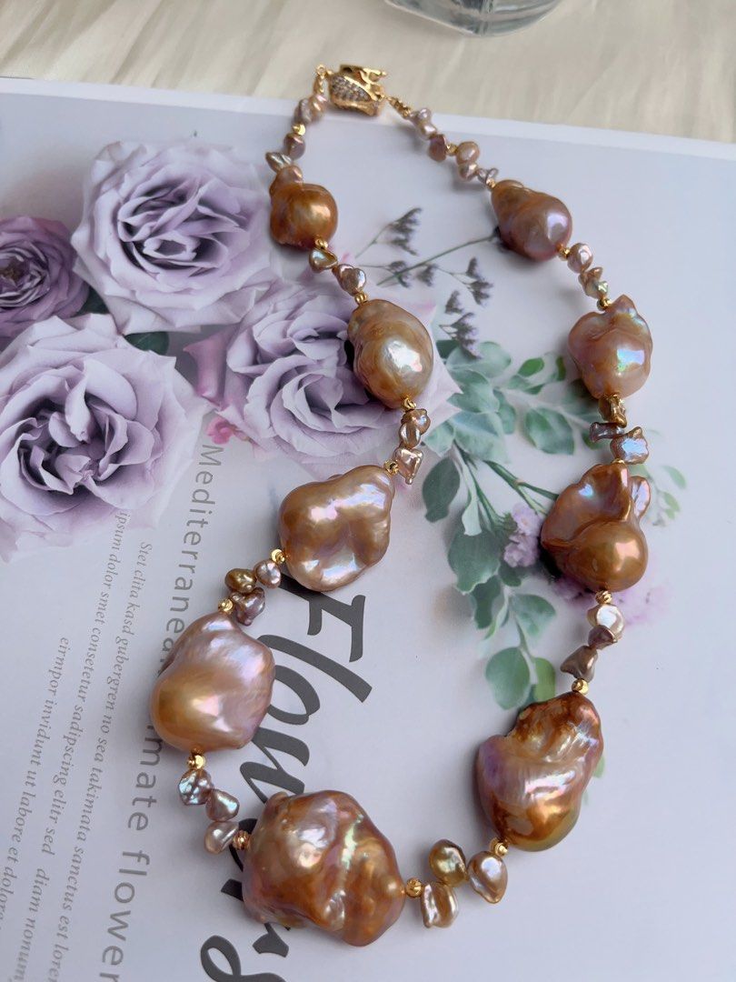 #PN1035 Freshwater Pearl Necklace | Caramel Pudding | Copper Vintage Golden Shade Fishtail Baroque | Thick Layer| Green-ish| 42cm| Flower Clasp| Old Money Style