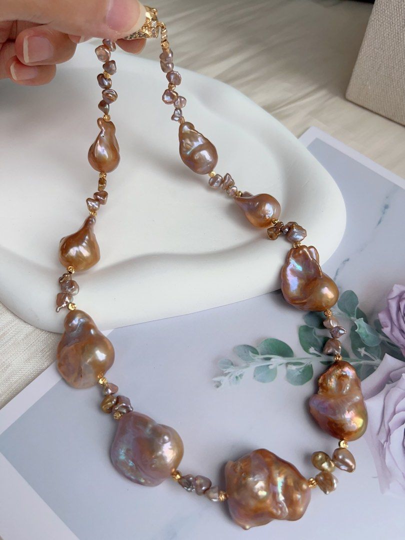 #PN1035 Freshwater Pearl Necklace | Caramel Pudding | Copper Vintage Golden Shade Fishtail Baroque | Thick Layer| Green-ish| 42cm| Flower Clasp| Old Money Style
