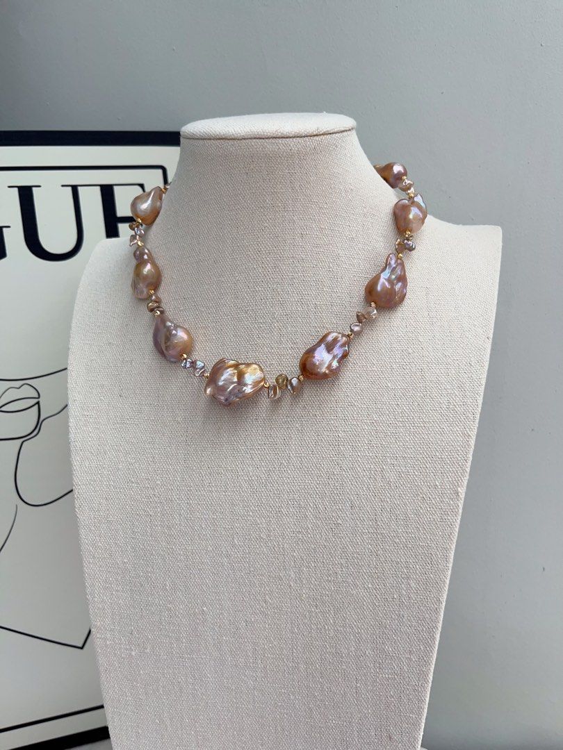 #PN1035 Freshwater Pearl Necklace | Caramel Pudding | Copper Vintage Golden Shade Fishtail Baroque | Thick Layer| Green-ish| 42cm| Flower Clasp| Old Money Style