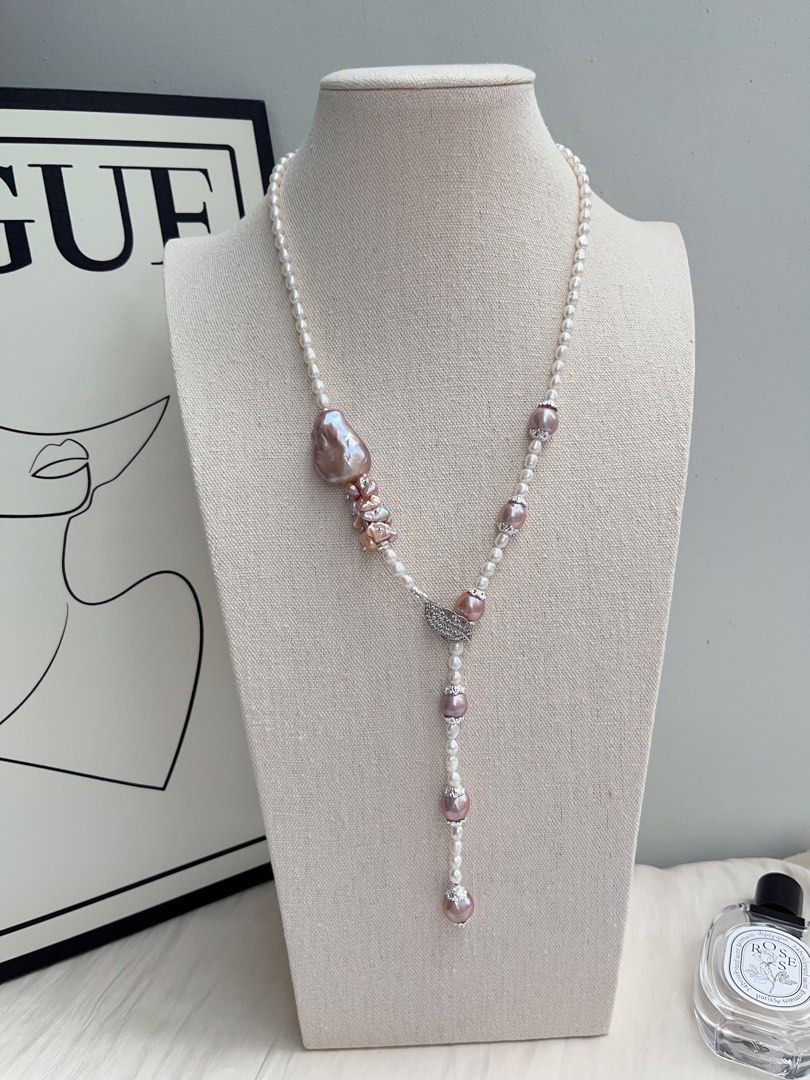 #PN1036 [Floral Series] Freshwater Pearl Necklace | 64cm Sweater Necklace | 30mm+ Big Fishtail Baroque | Classic Design | Dark Purple | “Y” Shape | Multi Wear| Lustrous | Petals| Extend Neckline