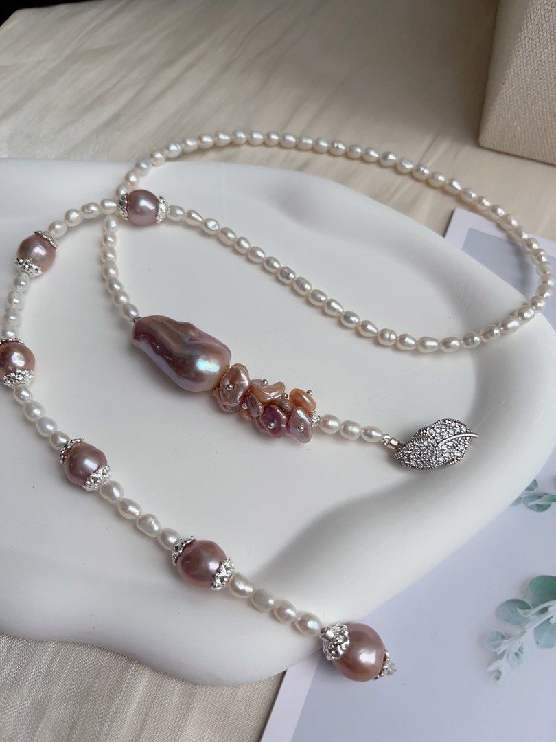 #PN1036 [Floral Series] Freshwater Pearl Necklace | 64cm Sweater Necklace | 30mm+ Big Fishtail Baroque | Classic Design | Dark Purple | “Y” Shape | Multi Wear| Lustrous | Petals| Extend Neckline