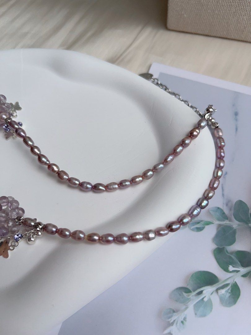 #PN1037 [Floral Series] Freshwater Pearl Necklace | Lavender Purple Pearl | Rice Baroque | Dream Catcher | 40+5cm| Natural Stone Flower Ball| Shining in Rhythm