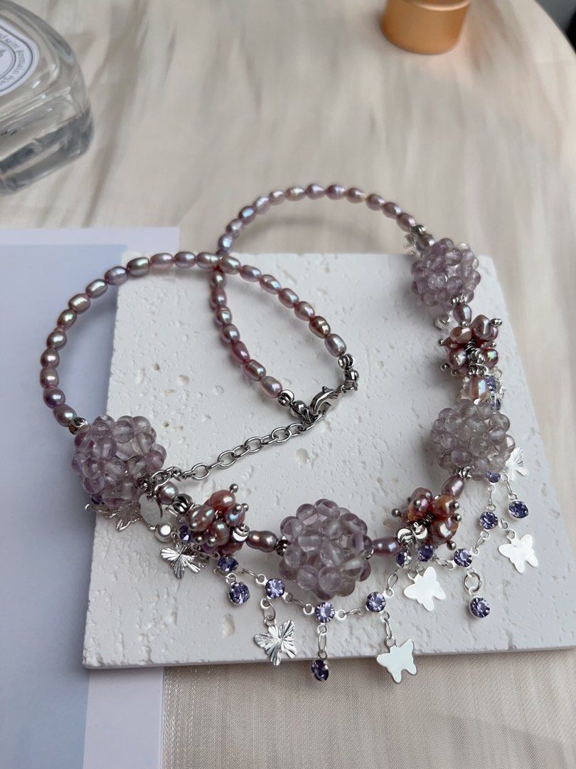 #PN1037 [Floral Series] Freshwater Pearl Necklace | Lavender Purple Pearl | Rice Baroque | Dream Catcher | 40+5cm| Natural Stone Flower Ball| Shining in Rhythm