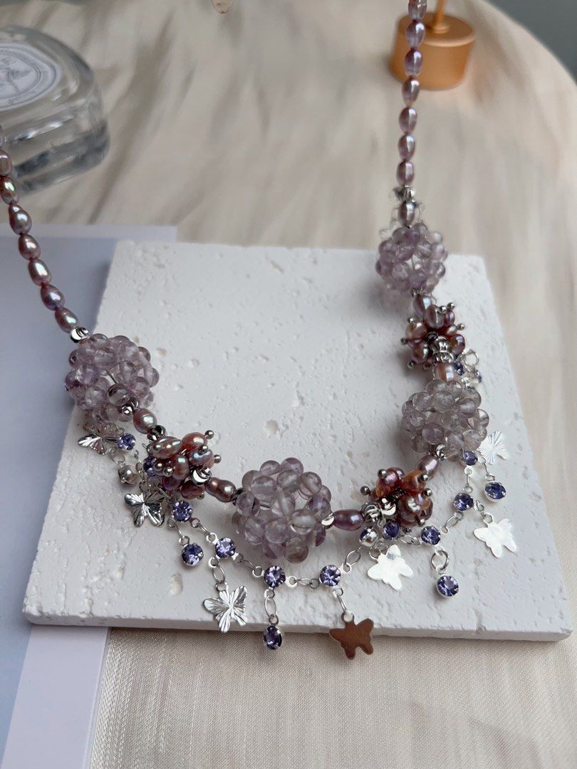 #PN1037 [Floral Series] Freshwater Pearl Necklace | Lavender Purple Pearl | Rice Baroque | Dream Catcher | 40+5cm| Natural Stone Flower Ball| Shining in Rhythm