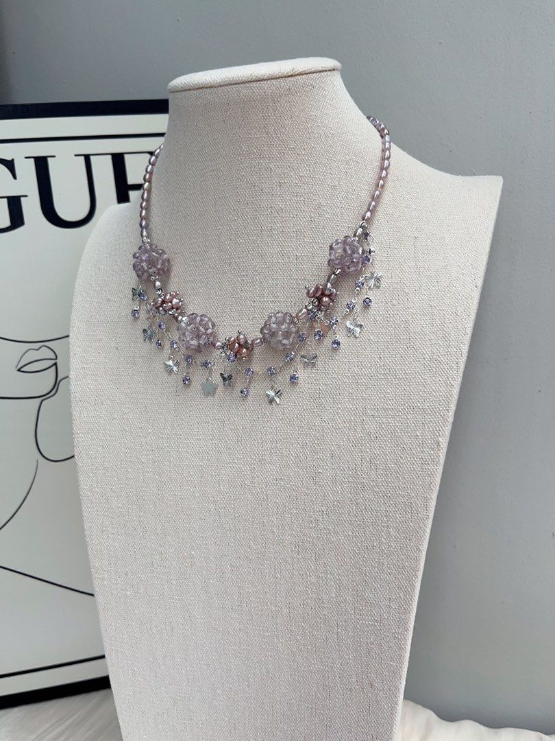 #PN1037 [Floral Series] Freshwater Pearl Necklace | Lavender Purple Pearl | Rice Baroque | Dream Catcher | 40+5cm| Natural Stone Flower Ball| Shining in Rhythm