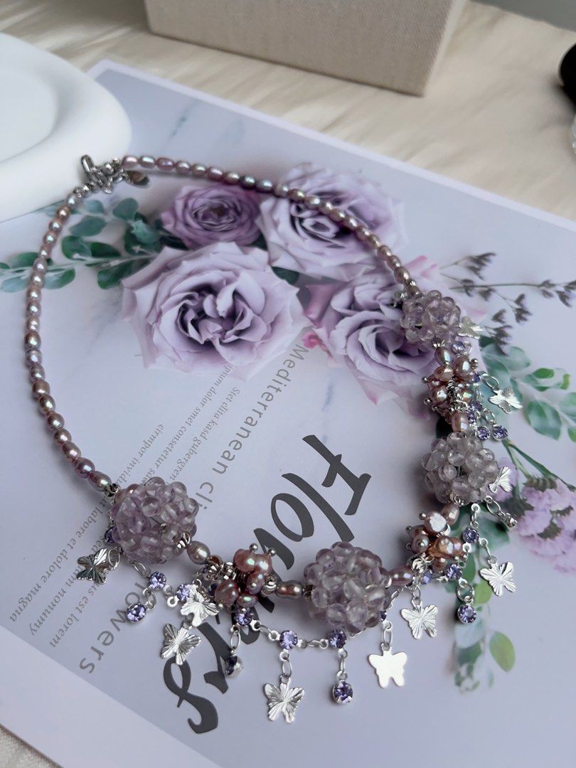 #PN1037 [Floral Series] Freshwater Pearl Necklace | Lavender Purple Pearl | Rice Baroque | Dream Catcher | 40+5cm| Natural Stone Flower Ball| Shining in Rhythm