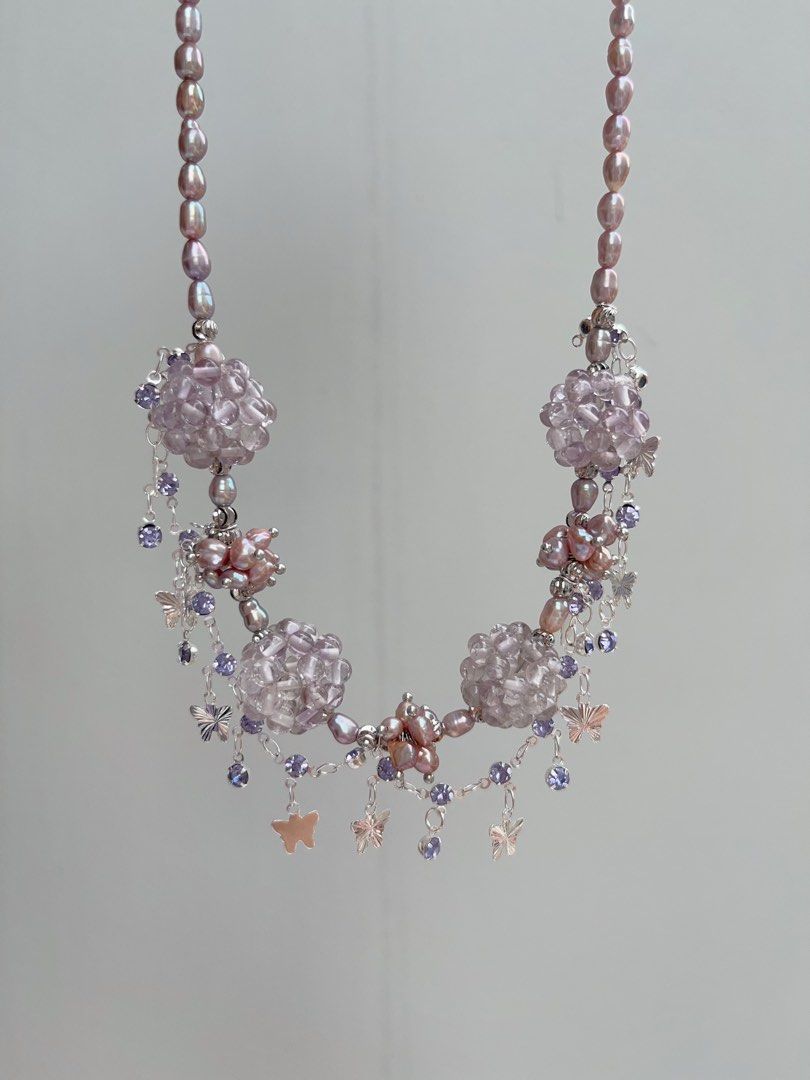 #PN1037 [Floral Series] Freshwater Pearl Necklace | Lavender Purple Pearl | Rice Baroque | Dream Catcher | 40+5cm| Natural Stone Flower Ball| Shining in Rhythm