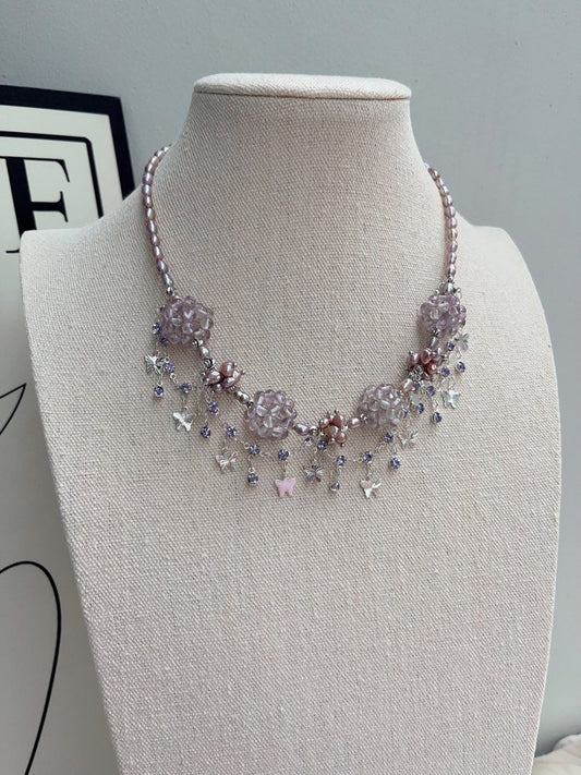 #PN1037 [Floral Series] Freshwater Pearl Necklace | Lavender Purple Pearl | Rice Baroque | Dream Catcher | 40+5cm| Natural Stone Flower Ball| Shining in Rhythm