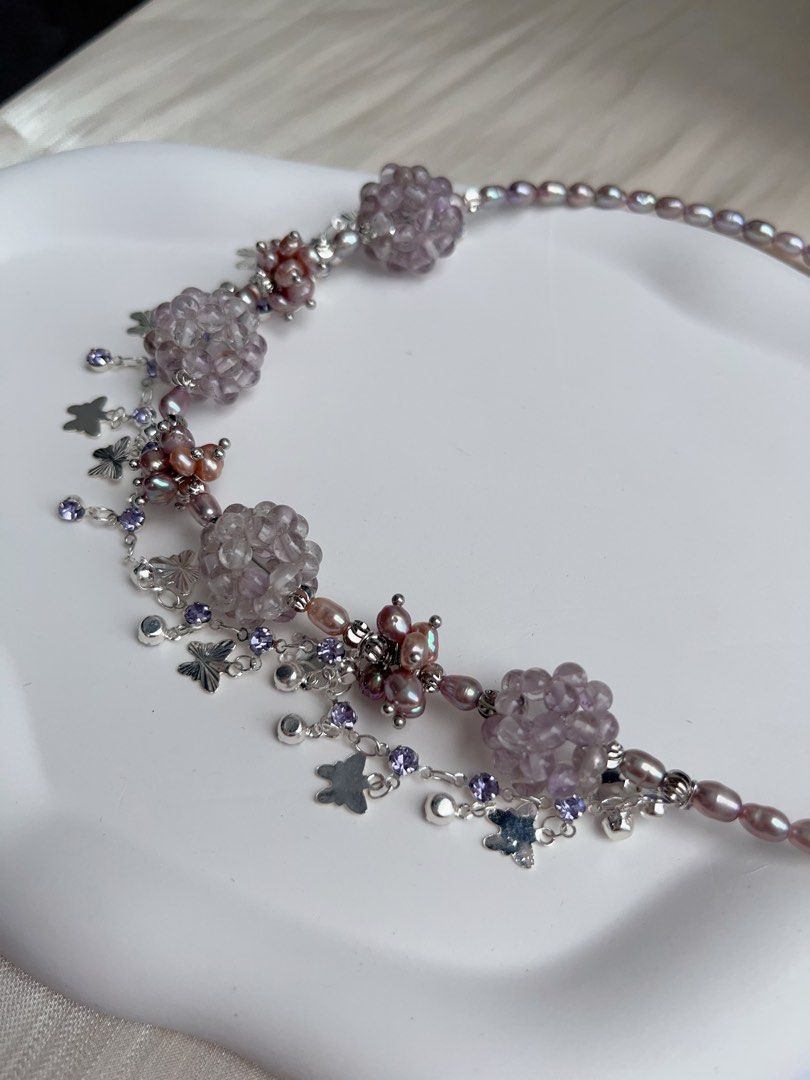 #PN1037 [Floral Series] Freshwater Pearl Necklace | Lavender Purple Pearl | Rice Baroque | Dream Catcher | 40+5cm| Natural Stone Flower Ball| Shining in Rhythm