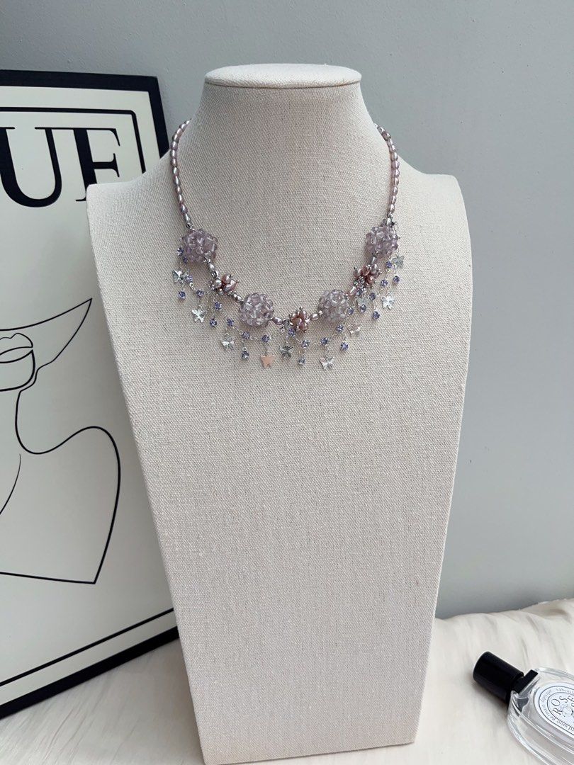 #PN1037 [Floral Series] Freshwater Pearl Necklace | Lavender Purple Pearl | Rice Baroque | Dream Catcher | 40+5cm| Natural Stone Flower Ball| Shining in Rhythm